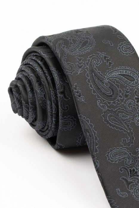 Cravata ingusta neagra cu insertie gri-antracit [2]