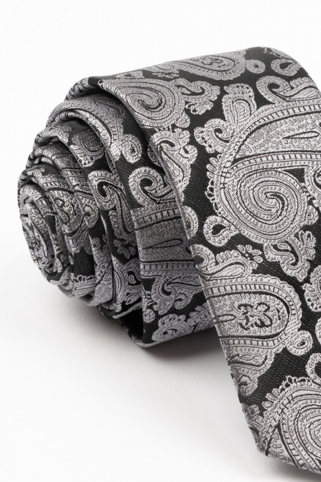 Cravata ingusta neagra cu model paisley gri [2]