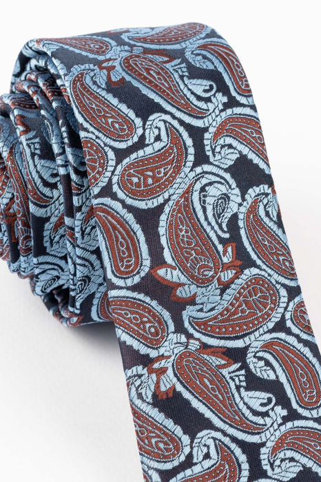 Cravata ingusta bleumarin cu model paisley bleu si maro [3]