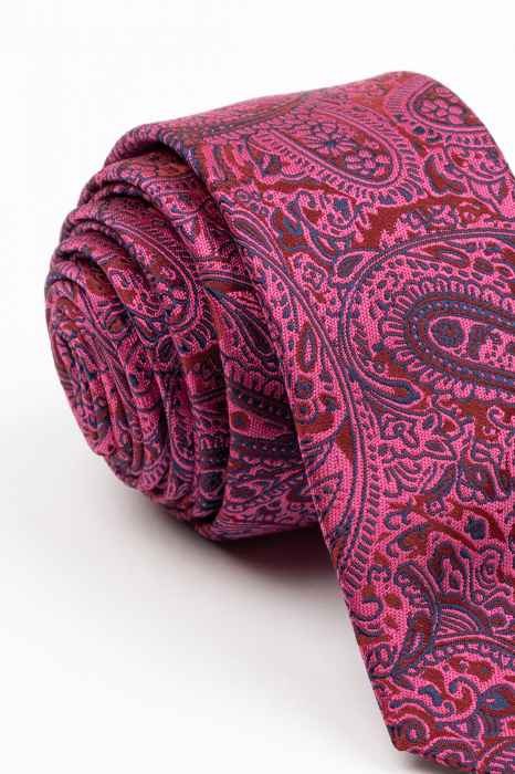 Cravata ingusta fucsia cu model floral rosu si bleumarin [2]