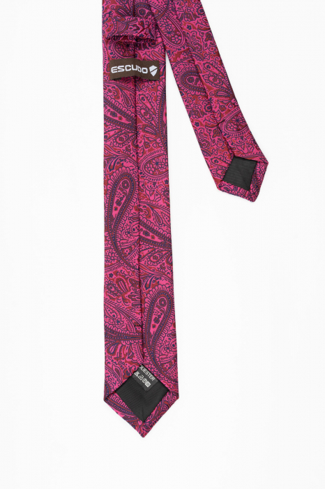Cravata ingusta fucsia cu model floral rosu si bleumarin [3]