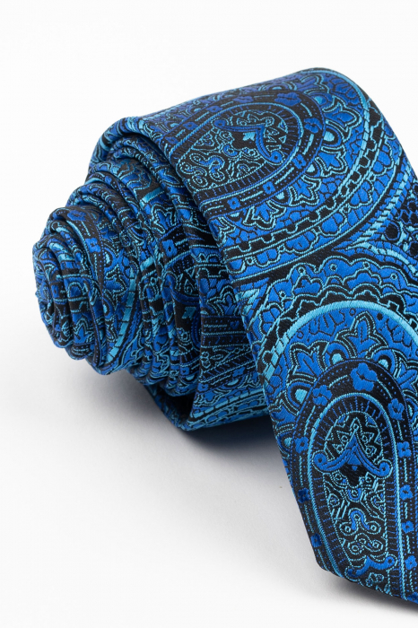 Cravata ingusta neagra cu model paisley bleu si albastru [2]