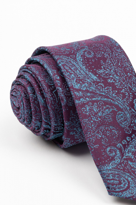 Cravata ingusta mov cu model paisley albastru-sidefat [2]