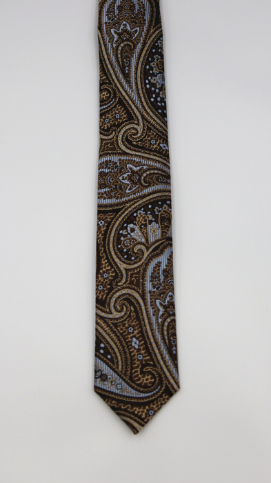 Cravată îngustă maro închis cu model paisley ocru auriu și albastru gheață [2]