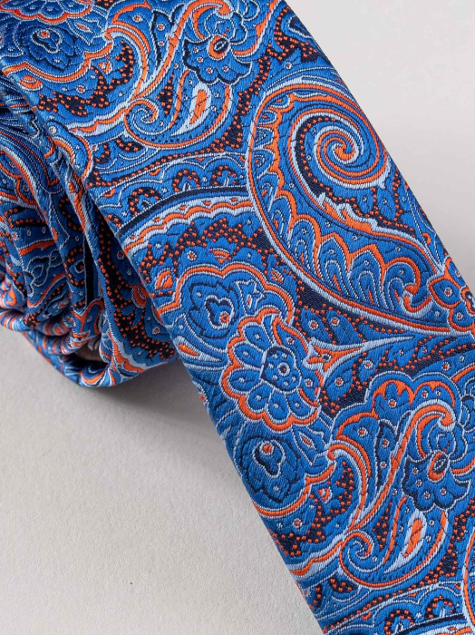Cravata ingusta model floral albastru cu portocaliu [2]
