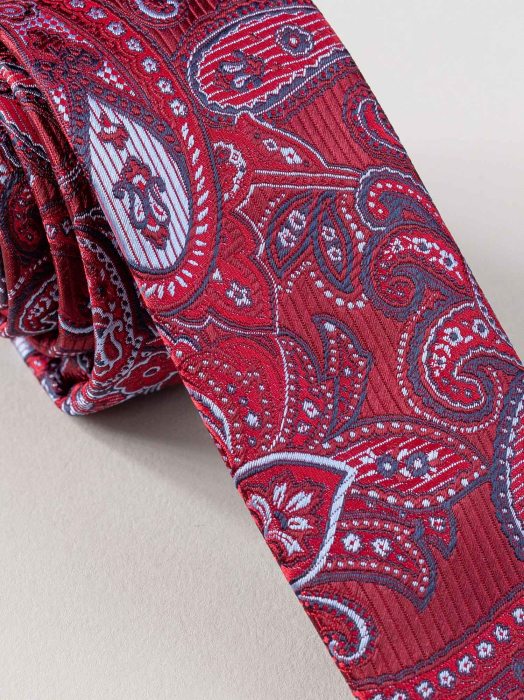 Cravata ingusta model floral rosu cu albastru [2]