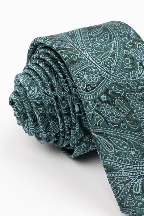 Cravata ingusta neagra cu model paisley verde si bleu [2]