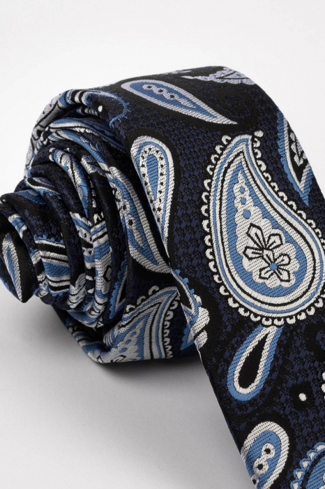 Cravata ingusta neagra cu imprimeu paisley bleu si argintiu [2]