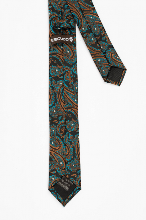 Cravata ingusta neagra cu imprimeu paisley maro si turcoaz [3]