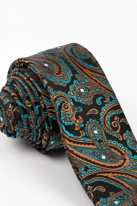 Cravata ingusta neagra cu imprimeu paisley maro si turcoaz [2]