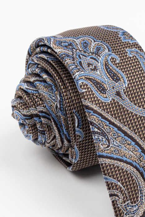 Cravata ingusta neagra cu insertie geometrica bej si model paisley alb si bleu [2]