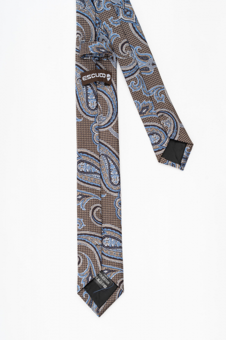 Cravata ingusta neagra cu insertie geometrica bej si model paisley alb si bleu [3]