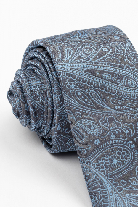 Cravata ingusta gri-antracit cu model paisley bleu [2]