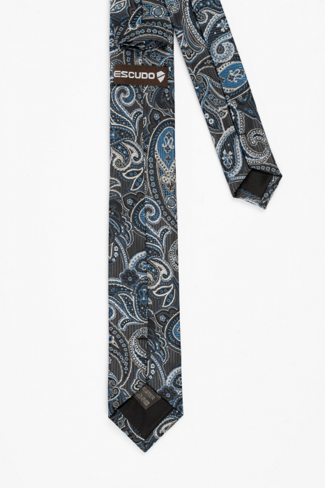 Cravata ingusta neagra cu model floral albastru si argintiu [3]