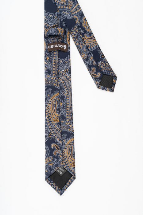 Cravata ingusta bleumarin cu model paisley alb si auriu [3]