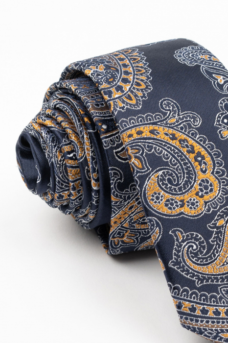 Cravata ingusta bleumarin cu model paisley alb si auriu [2]