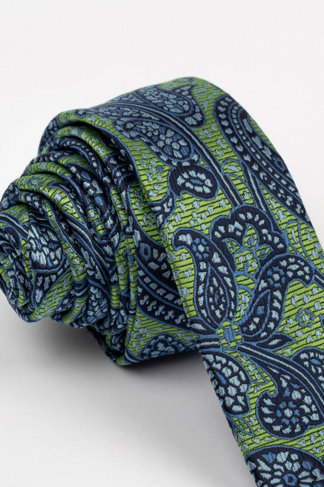 Cravata ingusta verde cu model paisley bleumarin si bleu [2]