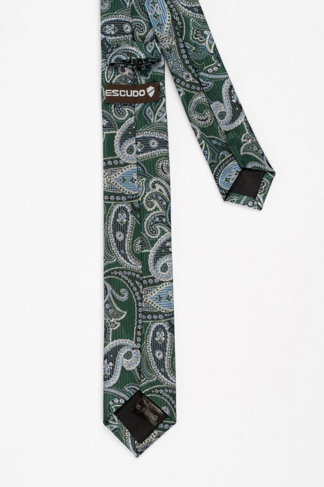 Cravata ingusta verde cu model paisley bleu si crem [3]