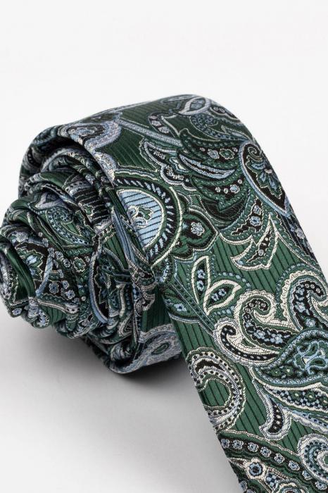 Cravata ingusta verde cu model paisley bleu si crem [2]