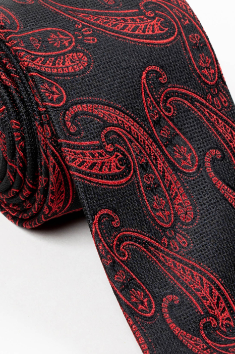 Cravata jacard matase naturala cu model paisley rosu [2]