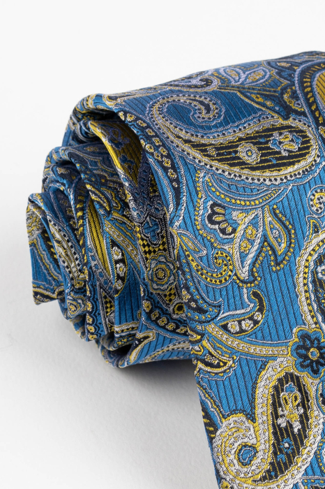 Cravata matase albastra cu imprimeu paisley galben [3]