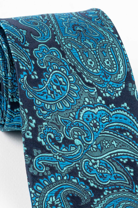 Cravata matase bleumarin cu imprimeu paisley turcoaz [3]
