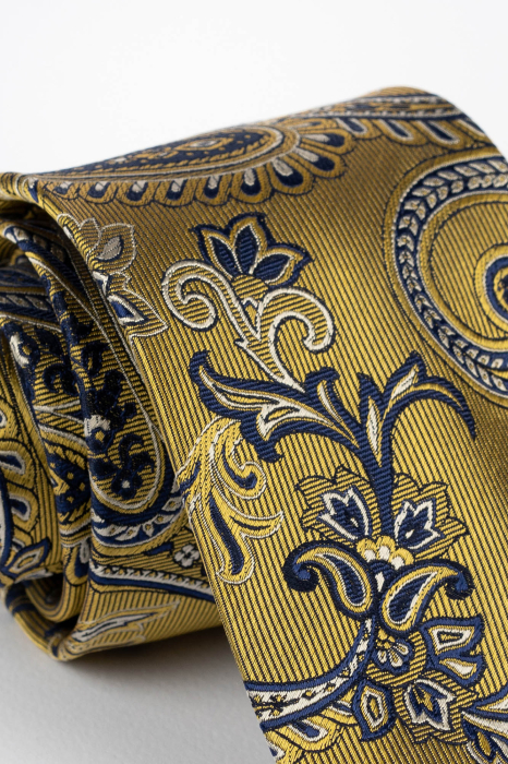 Cravata matase galbena cu paisley bleumarin [2]