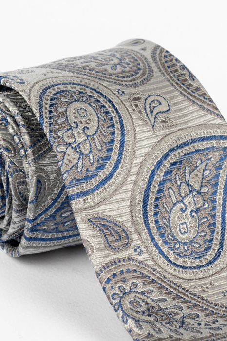 Cravata matase gri cu paisley bleumarin [3]
