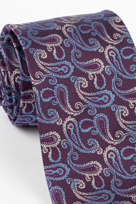 Cravata matase mov cu imprimeu paisley bleu si crem [3]