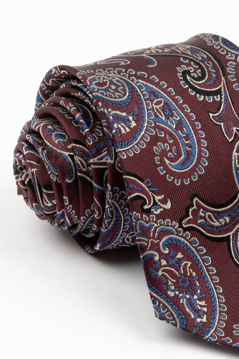 Cravata matase naturala grena cu imprimeu floral alb si albastru [2]