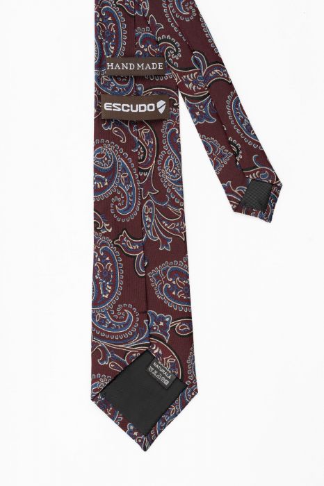 Cravata matase naturala grena cu imprimeu floral alb si albastru [3]