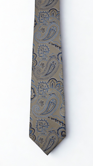Cravată mătase naturală bej auriu cu model paisley bleu deschis și navy [2]