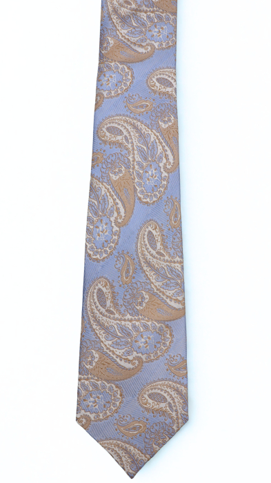 Cravată mătase naturală bleu cu model paisley auriu și ivory [2]