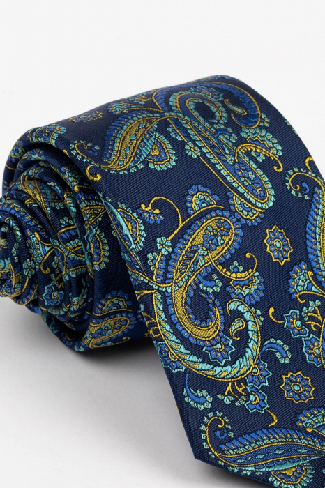 Cravata matase naturala bleumarin cu imprimeu auriu si albastru [2]