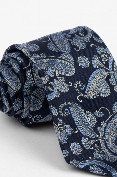 Cravata matase naturala bleumarin cu imprimeu floral albastru si gri [2]