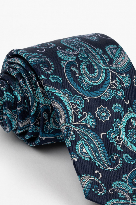 Cravata matase naturala bleumarin cu imprimeu floral turcoaz si gri [2]