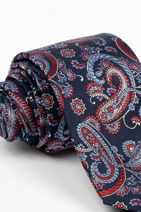 Cravata matase naturala bleumarin cu imprimeu gri si rosu [2]