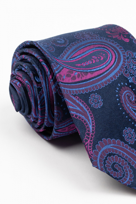 Cravata matase naturala navy cu imprimeu paisley albastru si fucsia [2]