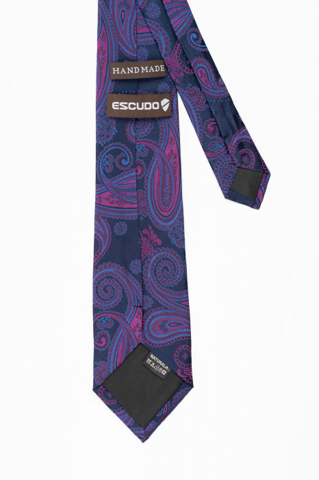 Cravata matase naturala navy cu imprimeu paisley albastru si fucsia [3]