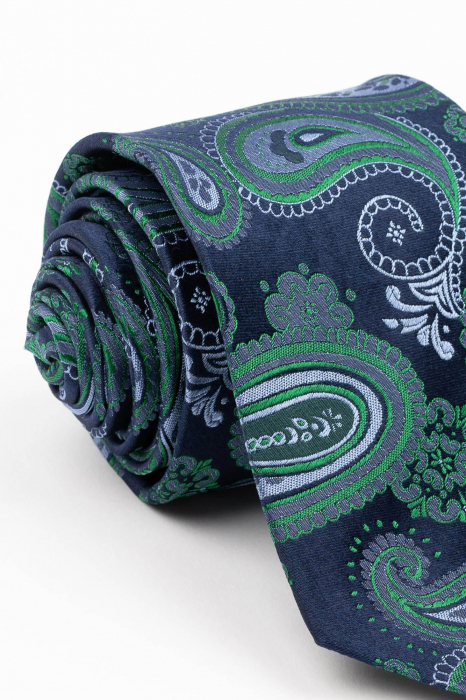 Cravata matase naturala navy cu imprimeu paisley verde si bleu [2]
