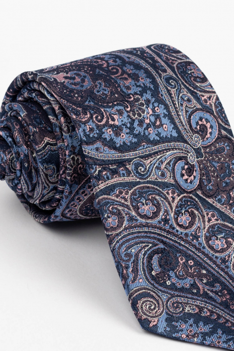 Cravata matase naturala bleumarin cu imprimeu roz si argintiu [2]