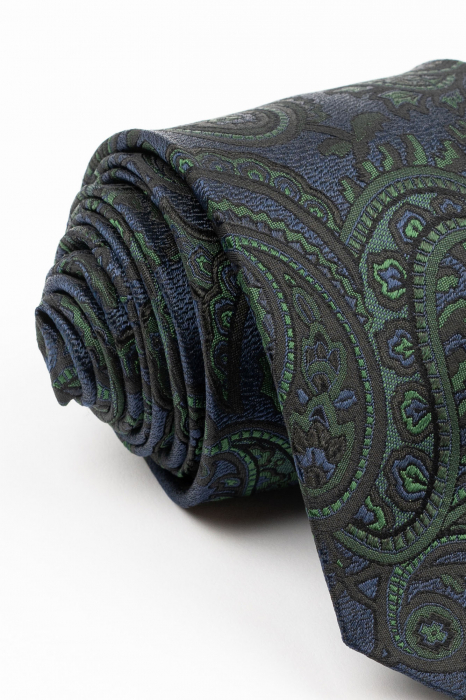 Cravata matase naturala navy cu imprimeu paisley verde si negru [2]