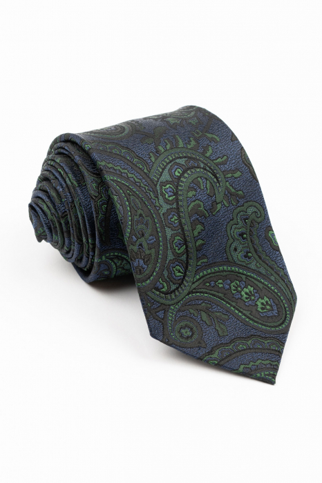 Cravata matase naturala navy cu imprimeu paisley verde si negru [1]