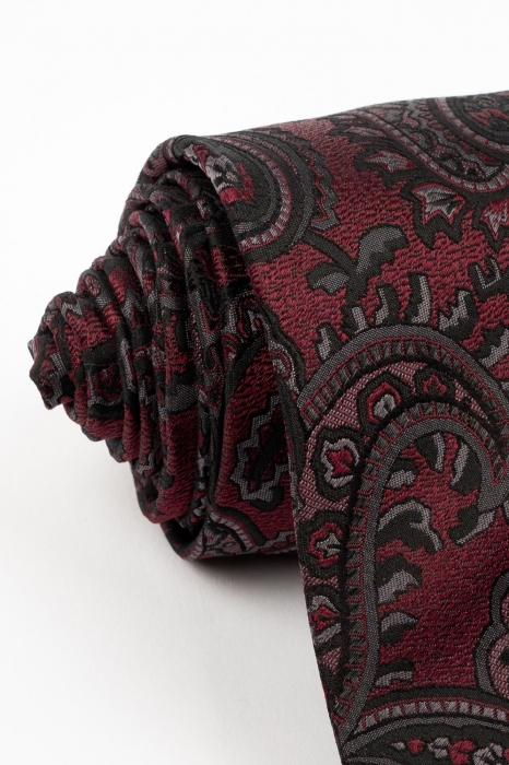 Cravata matase naturala bordo cu imprimeu paisley negru si gri [2]