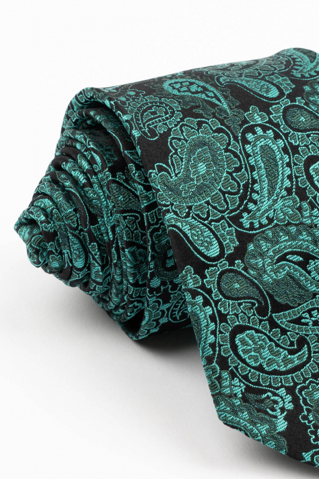 Cravata matase naturala neagra cu imprimeu paisley verde [2]