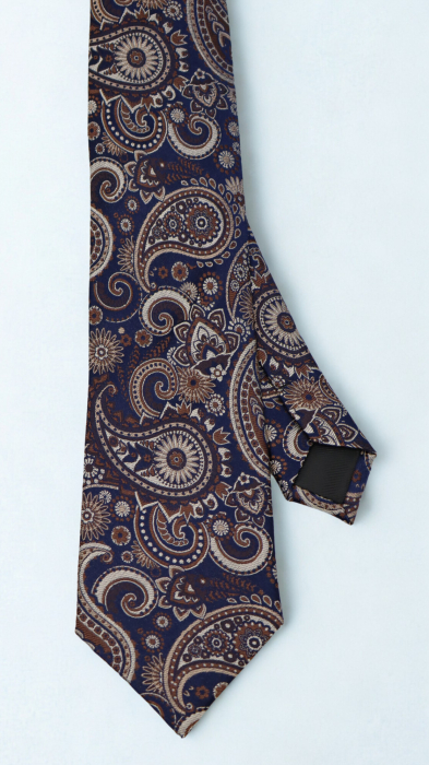 Cravată mătase naturală navy cu model paisley cognac, maro și bej [2]