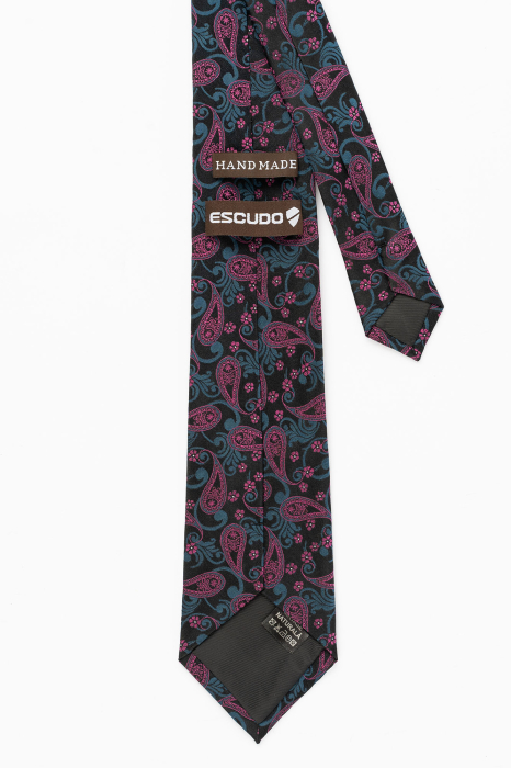 Cravata matase neagra cu imprimeu paisley bleumarin si roz [3]