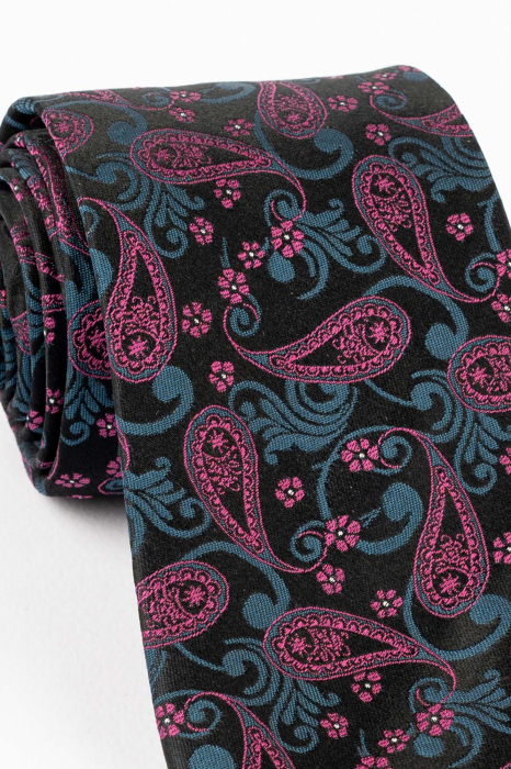 Cravata matase neagra cu imprimeu paisley bleumarin si roz [2]