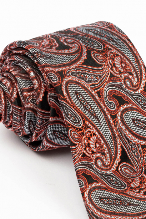 Cravata matase neagra cu imprimeu paisley gri si rosu [2]