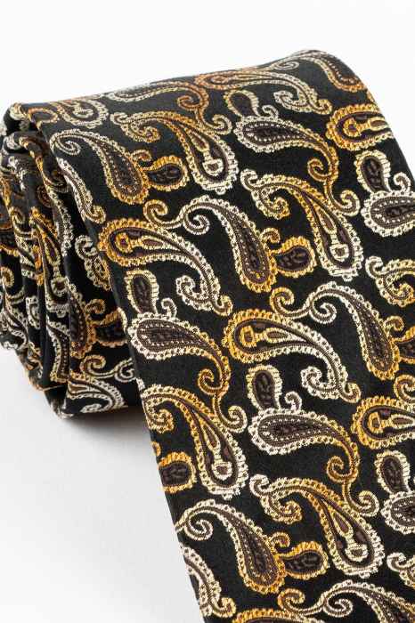 Cravata matase neagra cu imprimeu paisley maro [2]